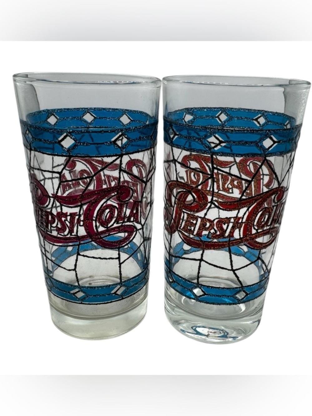 Vintage 2x Pepsi-Cola Stained Glass Style Drinking Glass Tumblers 5.5” 70s